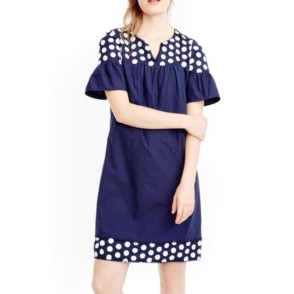 J Crew Embroidered White Polka Dot Navy Dress with Ruffle Sleeve Size 0